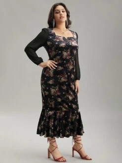 Velvet Floral Notched Ruffles Mermaid Hem Dress -Bloomchic Shop 513458808 xb