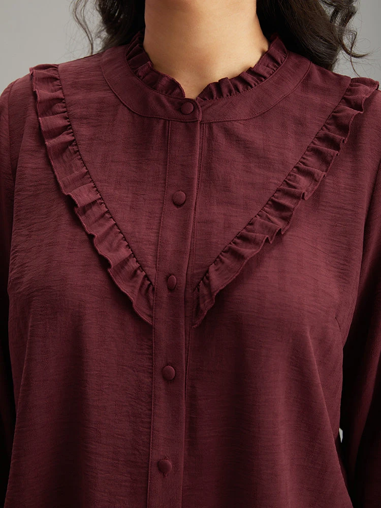 Stand Collar Solid Gathered Frill Trim Blouse 7 Stand Collar Solid Gathered Frill Trim Blouse - Image 5