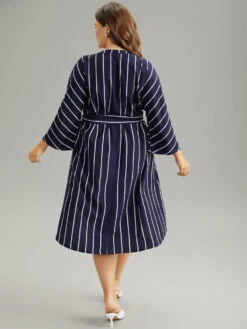 Striped Patchwork Polka Dot Belted Notched Dress -Bloomchic Shop 515436423 ek