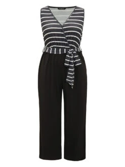 Striped Patchwork Pocket Wrap Belted Sleeveless Jumpsuit -Bloomchic Shop 515653670 my