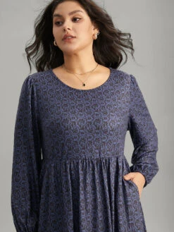 Geometric Elastic Waist Pocket Gathered Dress -Bloomchic Shop 515744034 js