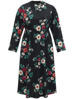 Floral Print Shirred Mock Neck Dress -Bloomchic Shop 516315049 nx