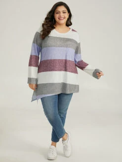 Striped Split Hem Asymmetrical T-shirt -Bloomchic Shop 517173029 cb