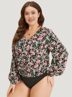 Floral Print V Neck Elastic Waist Lantern Sleeve Bodysuit 12 Floral Print V Neck Elastic Waist Lantern Sleeve Bodysuit -Bloomchic Shop 517968264 ti