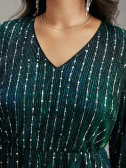 Sequin Mesh V Neck Elastic Waist Dress -Bloomchic Shop 518123033 tp