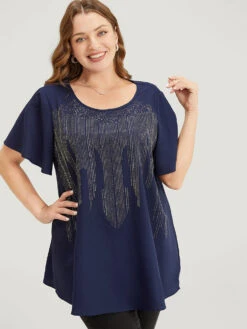 Plain Rhinestones Detail Ruffles Sleeve Blouse -Bloomchic Shop 518711283 ps