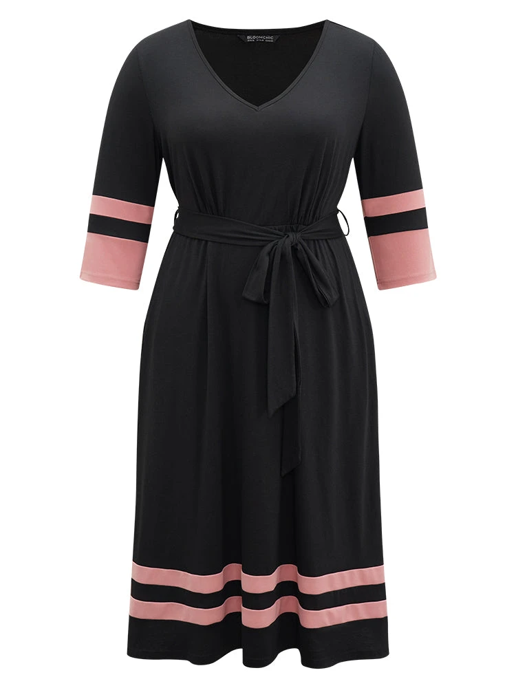 Colorblock Contrast Elastic Waist Pocket Belted Dress 8 Colorblock Contrast Elastic Waist Pocket Belted Dress - Image 6