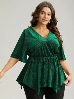 Velvet Elastic Waist Ruffle Sleeve Hanky Hem Blouse -Bloomchic Shop 519764932 et