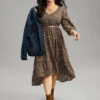 Leopard Lantern Sleeve Ruffles Frill Trim Dress