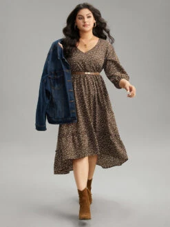 Leopard Lantern Sleeve Ruffles Frill Trim Dress