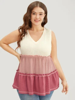 Colorblock Contrast Frill Trim Ruffle Tiered Waffle Knit Tank Top -Bloomchic Shop 520265925 vf