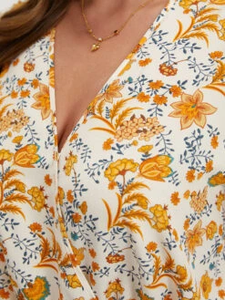 Plants Print Patchwork Surplice Neck Bodysuit -Bloomchic Shop 520389537 jr