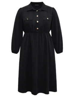 Static-Free Plain Button Detail Lantern Sleeve Dress -Bloomchic Shop 520391924 ll