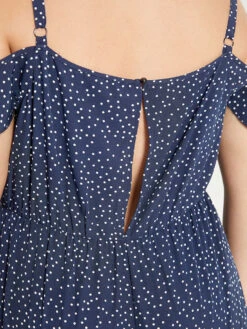 Polka Dot Ruffle Trim Tie Neck Cut Out Elastic Waist Jumpsuit -Bloomchic Shop 521576276 fw