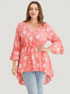 Floral Bell Sleeve Button Through High Low Hem Blouse -Bloomchic Shop 521751301 wh 49bcc38c cd35 471f 893a da1ab9fc1e2a