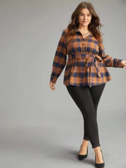 Plaid Elastic Waist Shirt Collar Blouse -Bloomchic Shop 522128536 ez