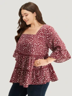 Silhouette Floral Print Lace Patchwork Square Neck Flutters Blouse -Bloomchic Shop 523871363 rn