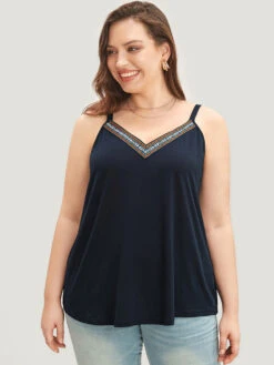 Solid Adjustable Straps Webbing Patchwork Cami Top