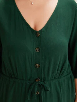 Plain Textured V Neck Pocket Button Through Drawstring Jumpsuit -Bloomchic Shop 524687691 dq