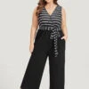 Striped Patchwork Pocket Wrap Belted Sleeveless Jumpsuit -Bloomchic Shop 525160962 au
