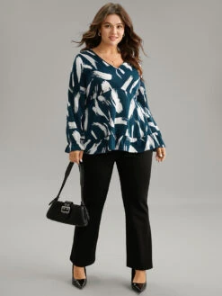 Brush Print Elastic Waist V Neck Ruffles Blouse -Bloomchic Shop 525419953 nr