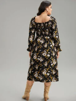 Floral Print Notched Frill Trim Gathered Shirred Dress -Bloomchic Shop 525839893 nk