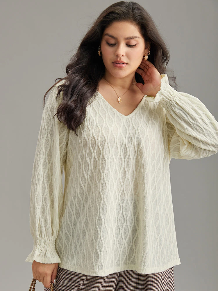 V Neck Solid Textured Shirred Blouse 3 V Neck Solid Textured Shirred Blouse