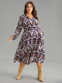 Boho Print Overlap Collar Elastic Waist Belted Dress -Bloomchic Shop 528274765 nq