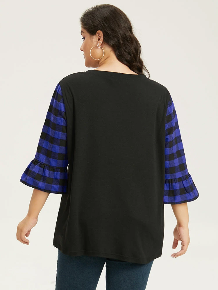 Plaid Patched Pocket Patchwork Contrast Bell Sleeve T-shirt 13 Plaid Patched Pocket Patchwork Contrast Bell Sleeve T-shirt - Image 11