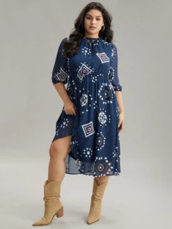 Geometric Mesh Stand Collar Frill Trim Dress -Bloomchic Shop 529999060 fs