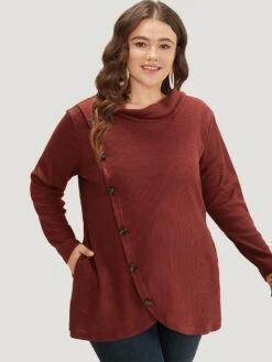 Rib Knit Mock Neck Wrap Pocket Button Detail Sweatshirt