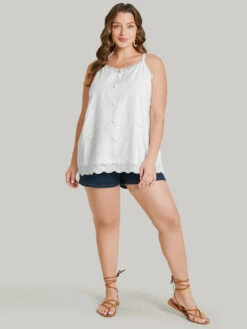 Plain Lace Trim Broderie Anglaise Button Detail Cami Top -Bloomchic Shop 531117056 pa