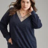 Patchwork Lace Panel V Neck Waffle Knit Sweatshirt -Bloomchic Shop 53138950 ll