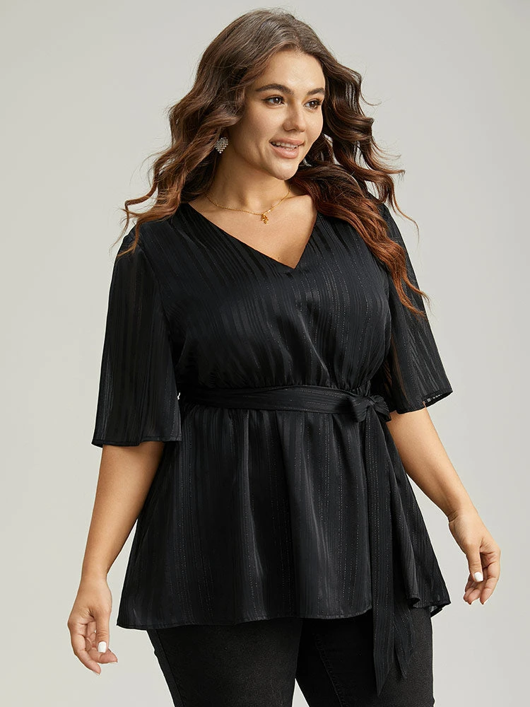 Solid Chiffon Belted High Low Hem Blouse 7 Solid Chiffon Belted High Low Hem Blouse - Image 5