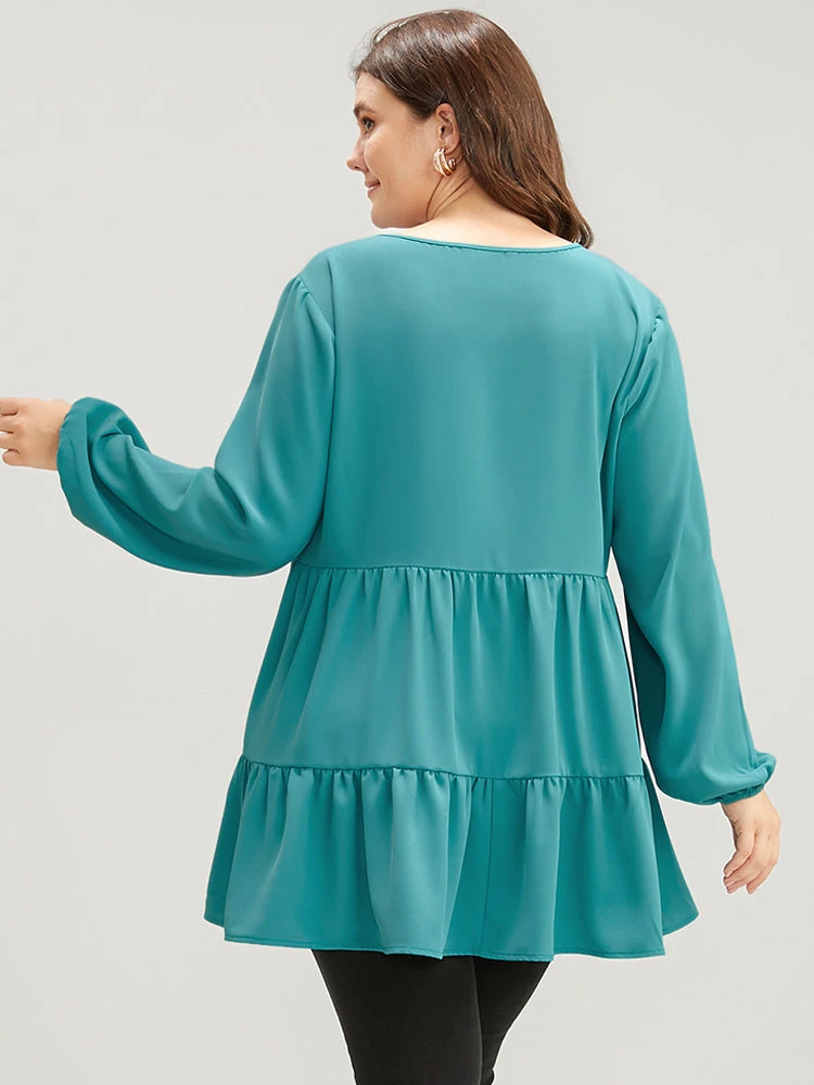 Solid V Neck Lantern Sleeve Ruffle Hem Blouse Without Belt 8 Solid V Neck Lantern Sleeve Ruffle Hem Blouse Without Belt - Image 6