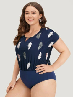 Feather Print Keyhole Batwing Sleeve Bodysuit -Bloomchic Shop 533245908 wi