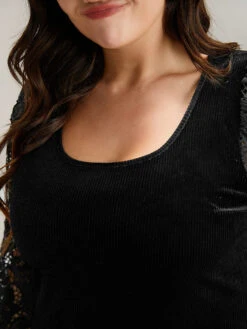 Lace Patchwork Square Neck Lantern Sleeve T-shirt -Bloomchic Shop 534478831 dk