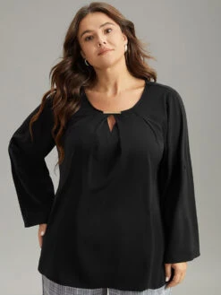 Anti-Wrinkle Buckle Detail Keyhole Tab Sleeve Blouse -Bloomchic Shop 53491423 fn