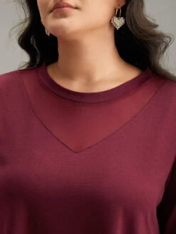 Solid Tunic Crochet Mesh Crew Neck T-shirt -Bloomchic Shop 535079080 pa