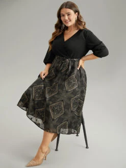 Chiffon Moroccan Print Glitter Belted Overlap Collar Dress 14 Chiffon Moroccan Print Glitter Belted Overlap Collar Dress -Bloomchic Shop 537204317 zs