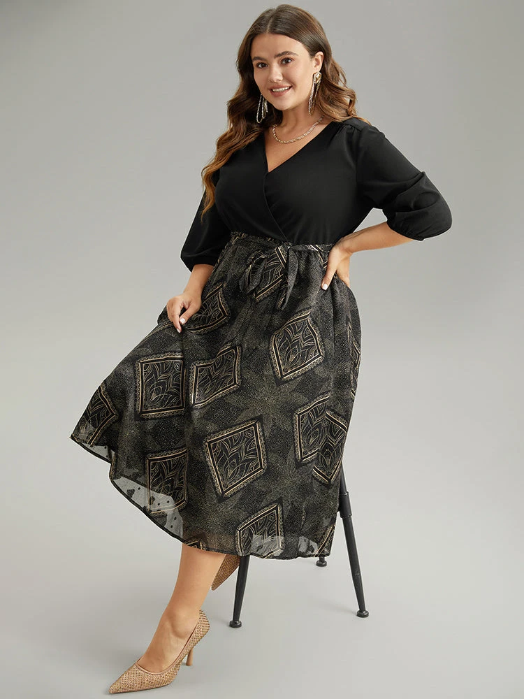 Chiffon Moroccan Print Glitter Belted Overlap Collar Dress 7 Chiffon Moroccan Print Glitter Belted Overlap Collar Dress - Image 5