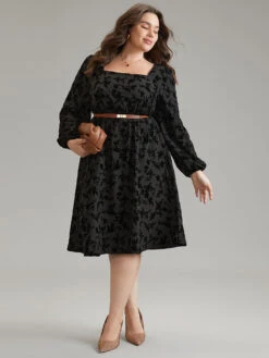 Silhouette Floral Print Flocking Square Neck Gathered Dress -Bloomchic Shop 537642873 yv