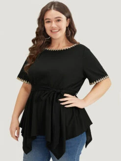 Crochet Lace Round Neck Ties Hanky Hem T-shirt -Bloomchic Shop 538062158 yo