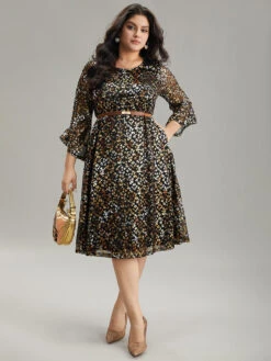 Leopard Glitter Bell Sleeve Mesh Dress -Bloomchic Shop 538757404 mw