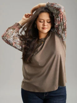 Floral Print Shirred Cuffs Ruffle Trim T-shirt -Bloomchic Shop 539224873 yi