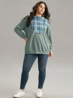 Plaid Patchwork Contrast Texture Hooded Sweatshirt -Bloomchic Shop 539677599 ed