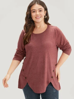 Plain Round Neck Button Detail T-shirt -Bloomchic Shop 539924550 ha