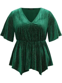 Velvet Elastic Waist Ruffle Sleeve Hanky Hem Blouse -Bloomchic Shop 540475549 rw