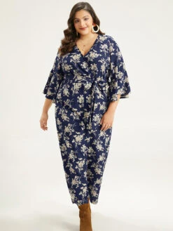 Floral Print Bell Sleeve Pocket Belted Jumpsuit -Bloomchic Shop 541687290 sc