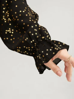 Star Print Lantern Sleeve Asymmetrical Ruffles Hem Wrap Blouse -Bloomchic Shop 542054722 gb